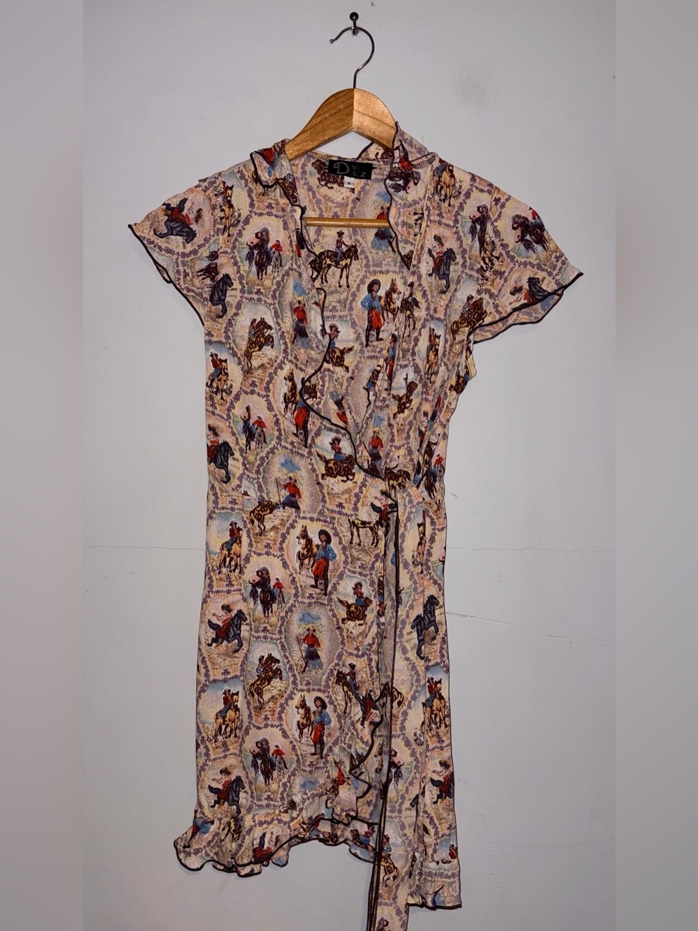 Vintage Diva Dollz Western Cowboy Rodeo Print Ruffle Wrap Dress sz S RARE!